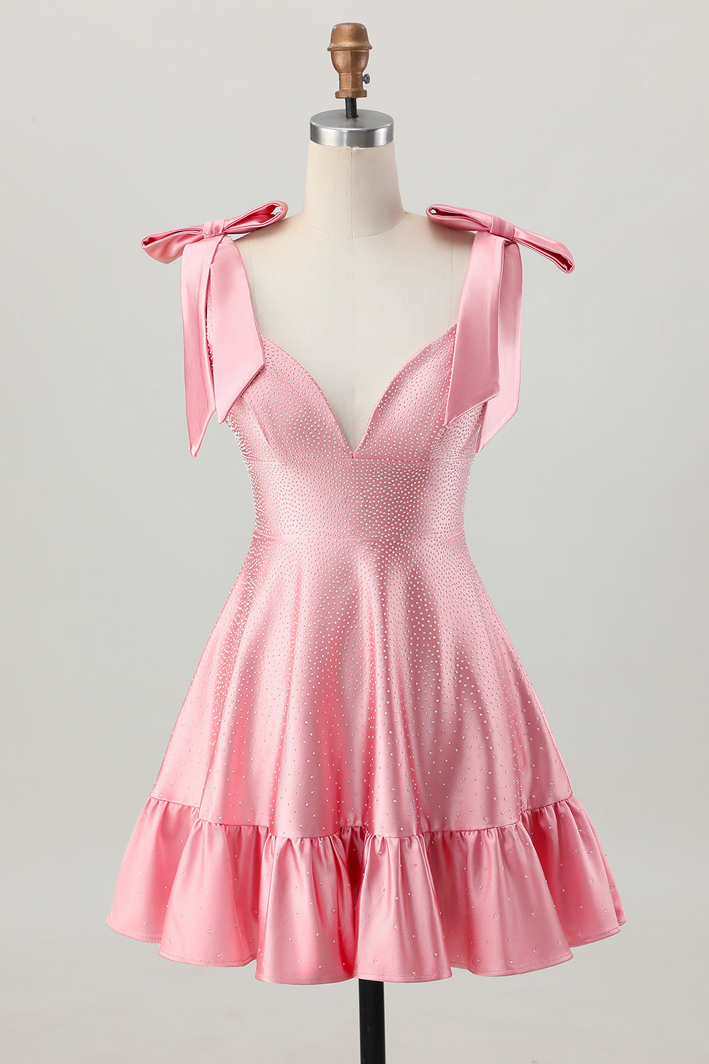 Sparkly Blush Pink Satin A Line Short Beaded Homecoming Dress with Bows