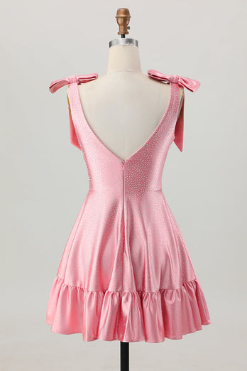 Sparkly Blush Pink Satin A Line Short Beaded Homecoming Dress with Bows