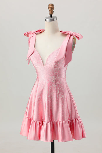 Sparkly Blush Pink Satin A Line Short Beaded Homecoming Dress with Bows