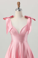 Load image into Gallery viewer, Sparkly Blush Pink Satin A Line Short Beaded Homecoming Dress with Bows