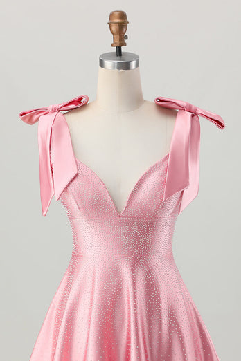 Sparkly Blush Pink Satin A Line Short Beaded Homecoming Dress with Bows