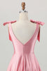 Load image into Gallery viewer, Sparkly Blush Pink Satin A Line Short Beaded Homecoming Dress with Bows