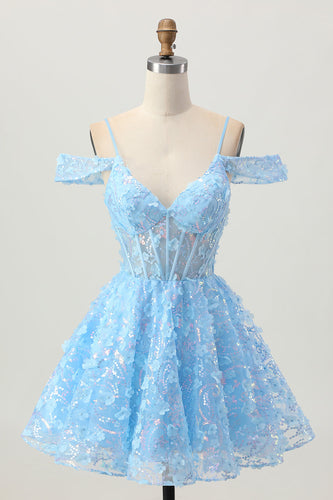 Sparkly Blue A Line Short Corset Homecoming Dress with Sequins