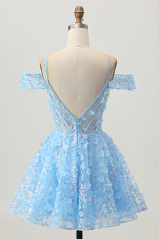 Sparkly Blue A Line Short Corset Homecoming Dress with Sequins
