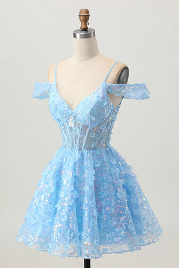 Sparkly Blue A Line Short Corset Homecoming Dress with Sequins