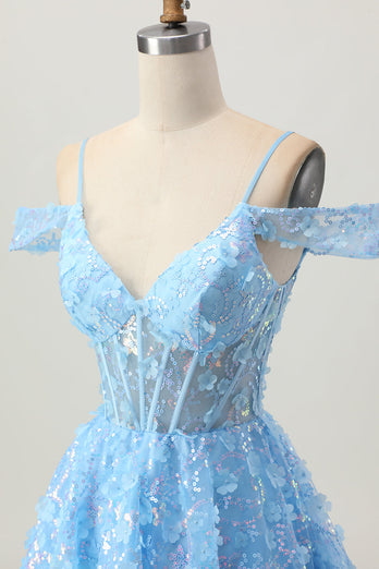 Sparkly Blue A Line Short Corset Homecoming Dress with Sequins