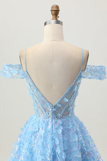 Sparkly Blue A Line Short Corset Homecoming Dress with Sequins