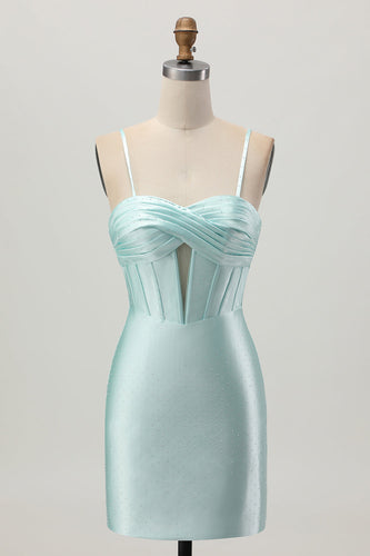 Sparkly Light Green Satin Tight Short Corset Homecoming Dress with Beading