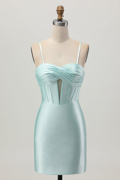 Sparkly Light Green Satin Tight Short Corset Homecoming Dress with Beading