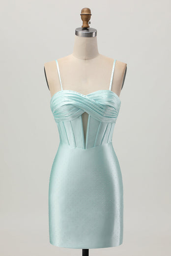 Sparkly Light Green Satin Tight Short Corset Homecoming Dress with Beading