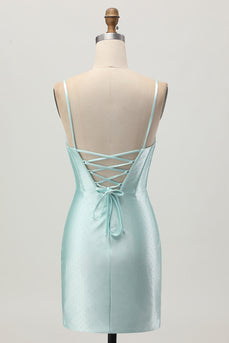 Sparkly Light Green Satin Tight Short Corset Homecoming Dress with Beading