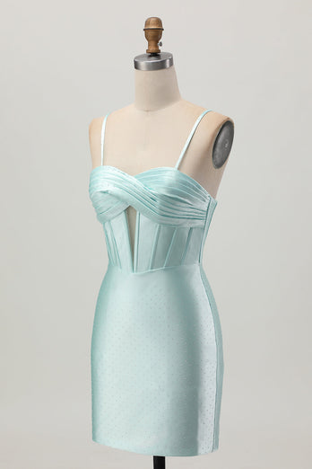Sparkly Light Green Satin Tight Short Corset Homecoming Dress with Beading