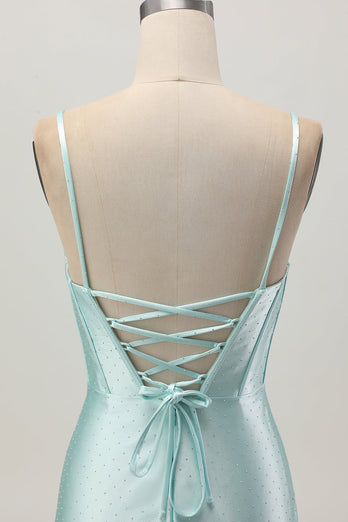 Sparkly Light Green Satin Tight Short Corset Homecoming Dress with Beading