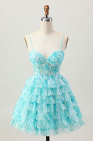 Load image into Gallery viewer, Blue Green A Line Tiered Short Corset Homecoming Dress with Appliques