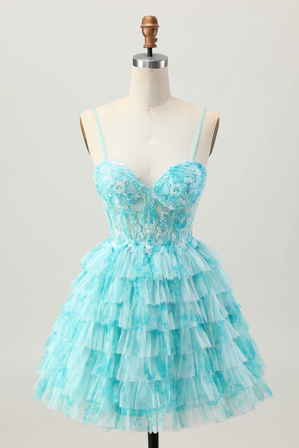 Blue Green A Line Tiered Short Corset Homecoming Dress with Appliques