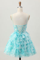 Load image into Gallery viewer, Blue Green A Line Tiered Short Corset Homecoming Dress with Appliques
