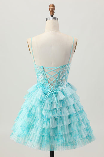 Blue Green A Line Tiered Short Corset Homecoming Dress with Appliques