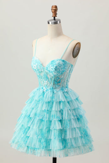 Blue Green A Line Tiered Short Corset Homecoming Dress with Appliques