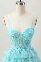 Load image into Gallery viewer, Blue Green A Line Tiered Short Corset Homecoming Dress with Appliques