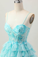 Load image into Gallery viewer, Blue Green A Line Tiered Short Corset Homecoming Dress with Appliques