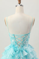 Load image into Gallery viewer, Blue Green A Line Tiered Short Corset Homecoming Dress with Appliques