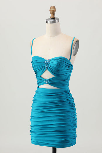 Sparkly Blue Tight Cut Out Short Homecoming Dress with Rhinestone
