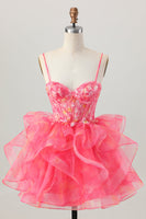 Load image into Gallery viewer, Floral Red A Line Organza Short Corset Homecoming Dress with Appliques