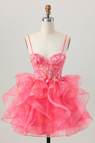 Floral Red A Line Organza Short Corset Homecoming Dress with Appliques