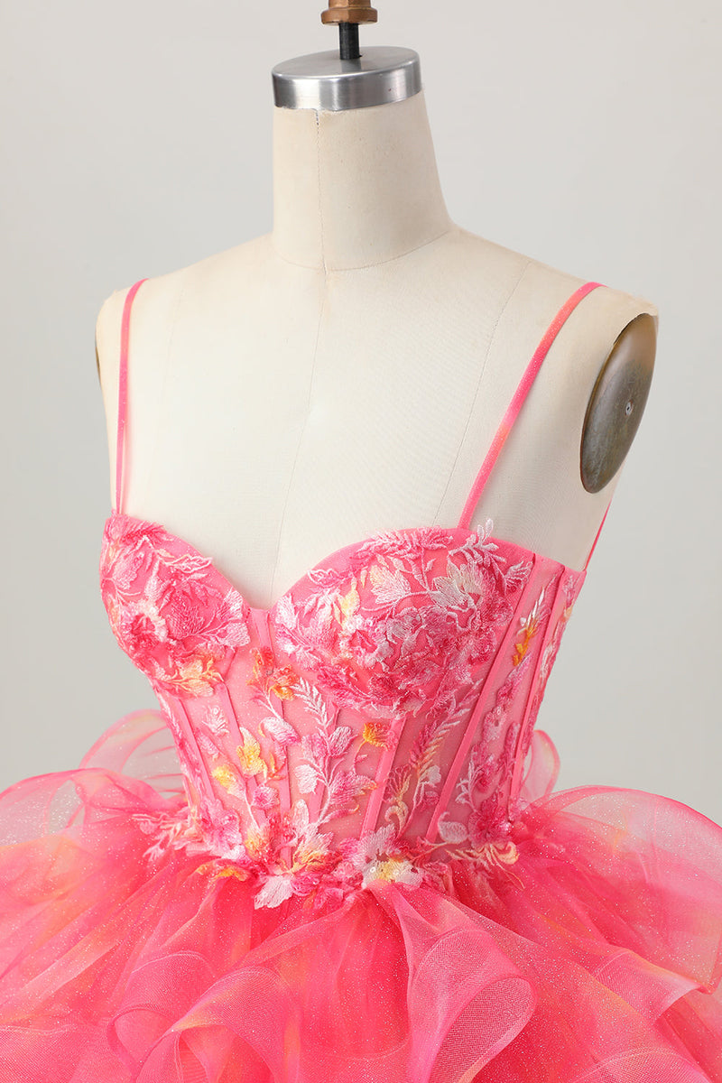 Load image into Gallery viewer, Floral Red A Line Organza Short Corset Homecoming Dress with Appliques
