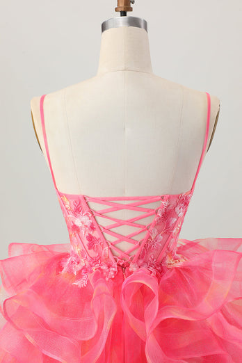 Floral Red A Line Organza Short Corset Homecoming Dress with Appliques