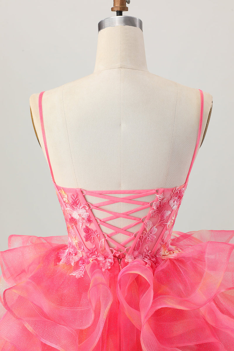 Load image into Gallery viewer, Floral Red A Line Organza Short Corset Homecoming Dress with Appliques