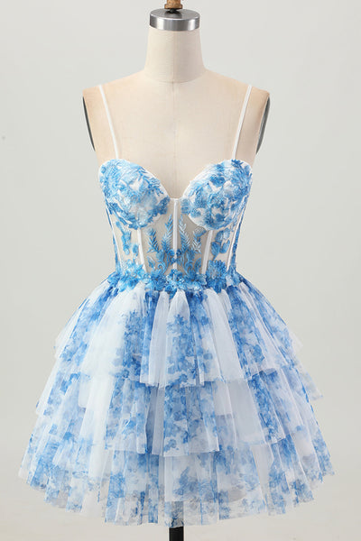 Floral White Blue A Line Tiered Short Corset Homecoming Dress