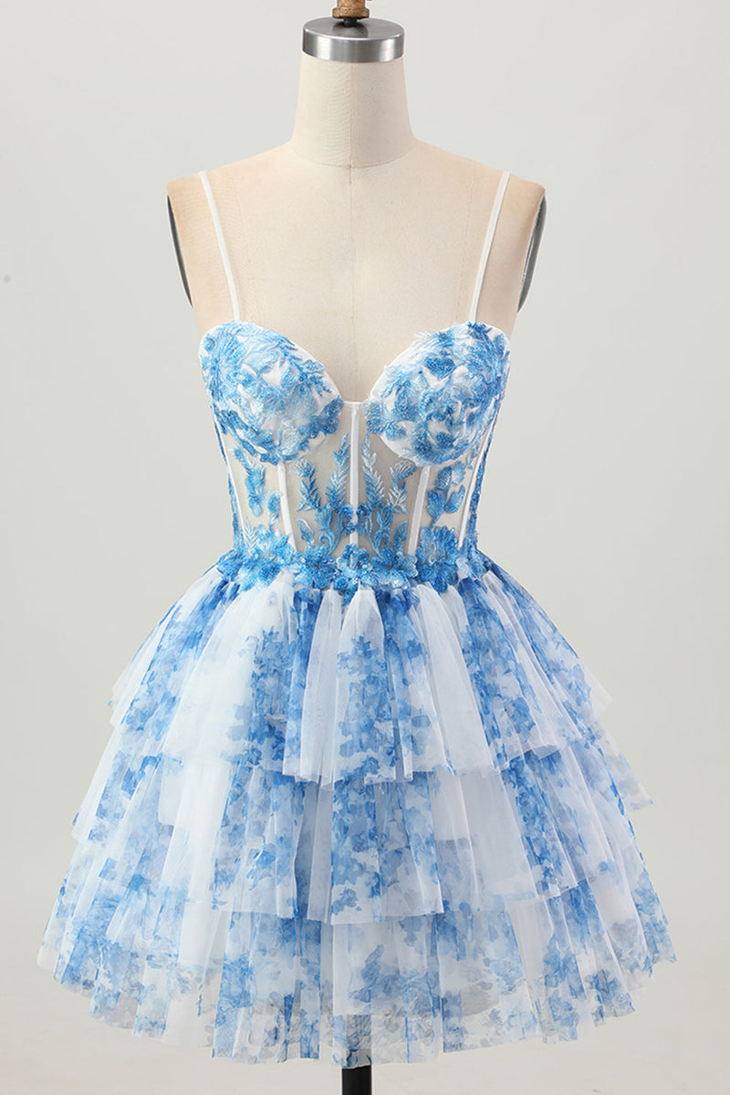 Load image into Gallery viewer, Floral White Blue A Line Tiered Short Corset Homecoming Dress