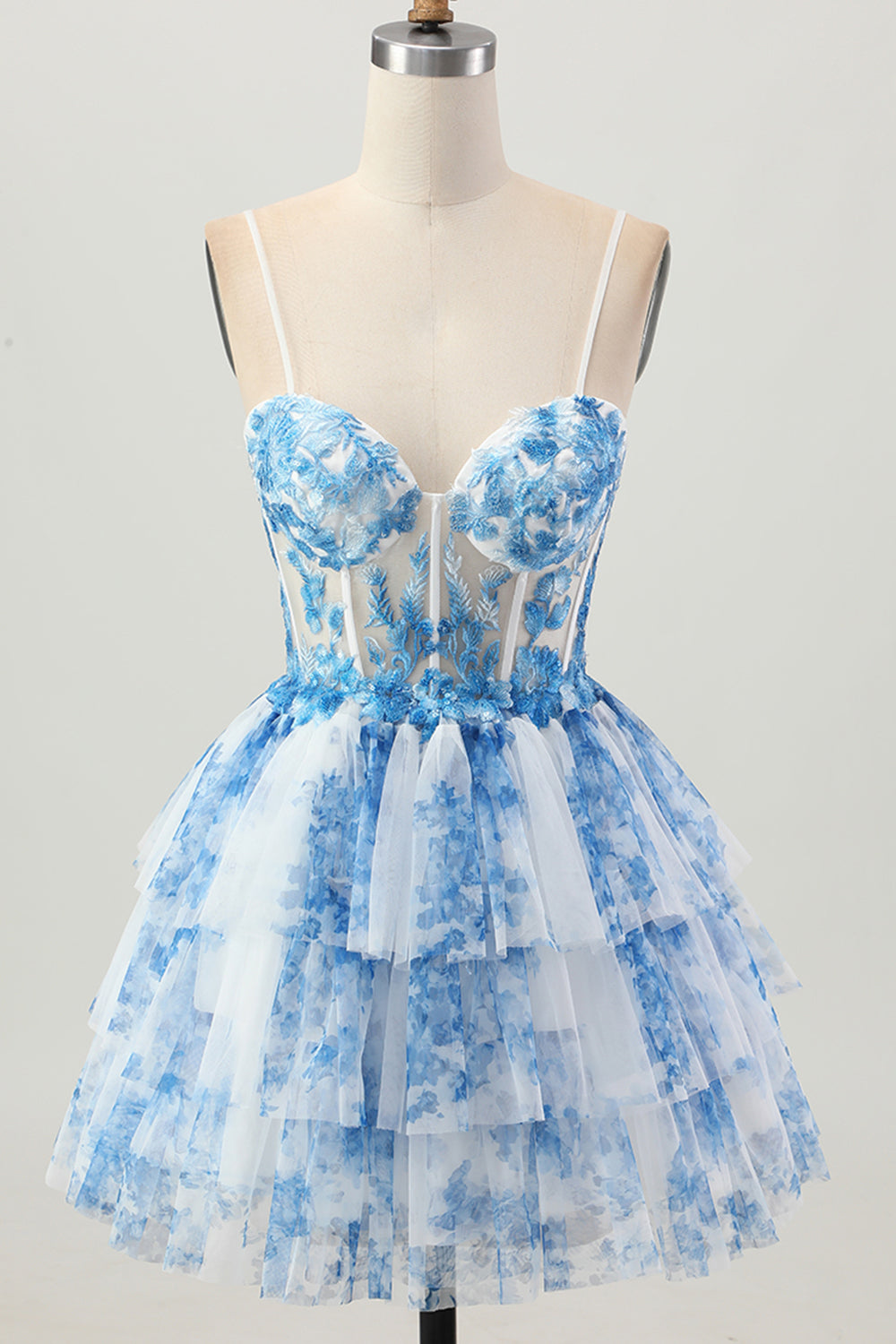 Floral White Blue A Line Tiered Short Corset Homecoming Dress