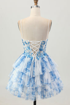 Floral White Blue A Line Tiered Short Corset Homecoming Dress