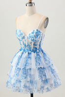 Load image into Gallery viewer, Floral White Blue A Line Tiered Short Corset Homecoming Dress