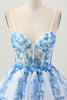 Load image into Gallery viewer, Floral White Blue A Line Tiered Short Corset Homecoming Dress