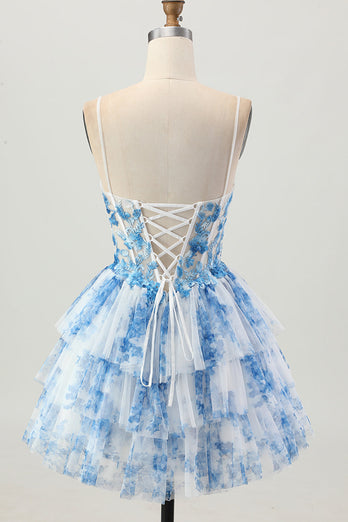 Floral White Blue A Line Tiered Short Corset Homecoming Dress