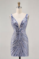 Load image into Gallery viewer, Sparkly Lilac V-Neck Beaded Short Tight Homecoming Dress