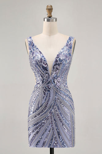 Sparkly Lilac V-Neck Beaded Short Tight Homecoming Dress