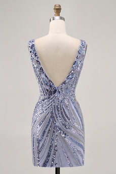 Sparkly Lilac V-Neck Beaded Short Tight Homecoming Dress