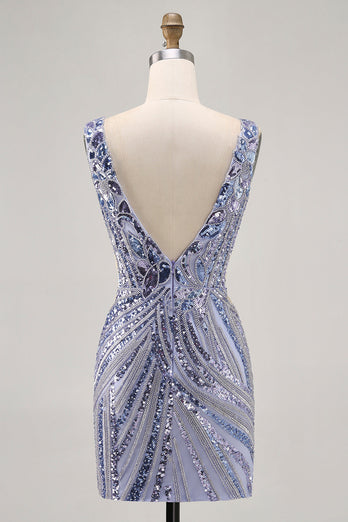 Sparkly Lilac V-Neck Beaded Short Tight Homecoming Dress