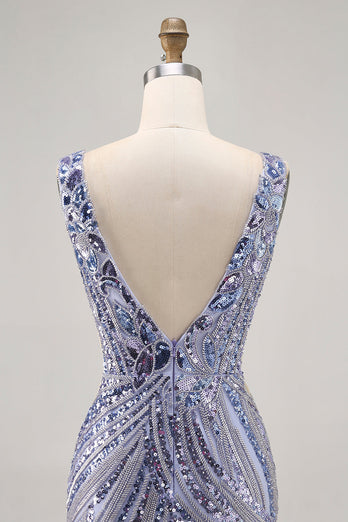 Sparkly Lilac V-Neck Beaded Short Tight Homecoming Dress