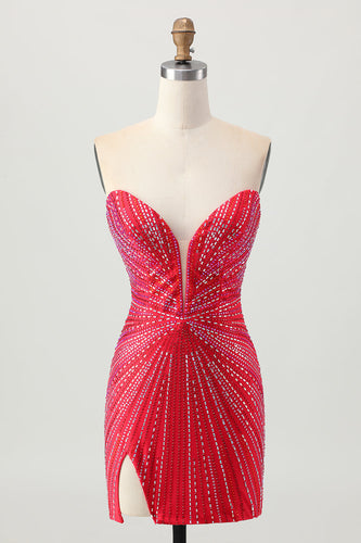 Sparkly Red Beaded Strapless Short Tight Homecoming Dress