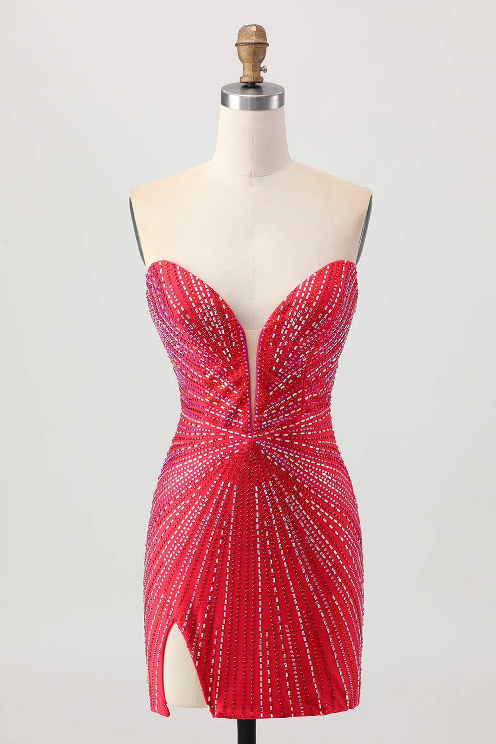 Sparkly Red Beaded Strapless Short Tight Homecoming Dress