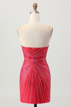 Sparkly Red Beaded Strapless Short Tight Homecoming Dress