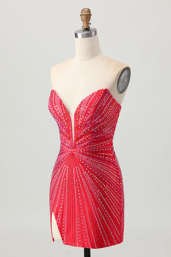 Sparkly Red Beaded Strapless Short Tight Homecoming Dress