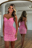 Load image into Gallery viewer, Queendancer Women Sparkly Red Sequins Short Homecoming Dress Strapless Tight Backless Cocktail Dress