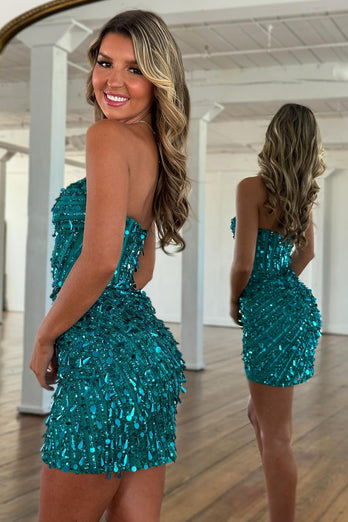 Sparkly Fuchsia Sequins Tight Strapless Short Corset Homecoming Dress