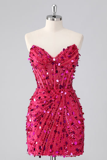Sparkly Red Sequins Strapless Tight Short Homecoming Dress